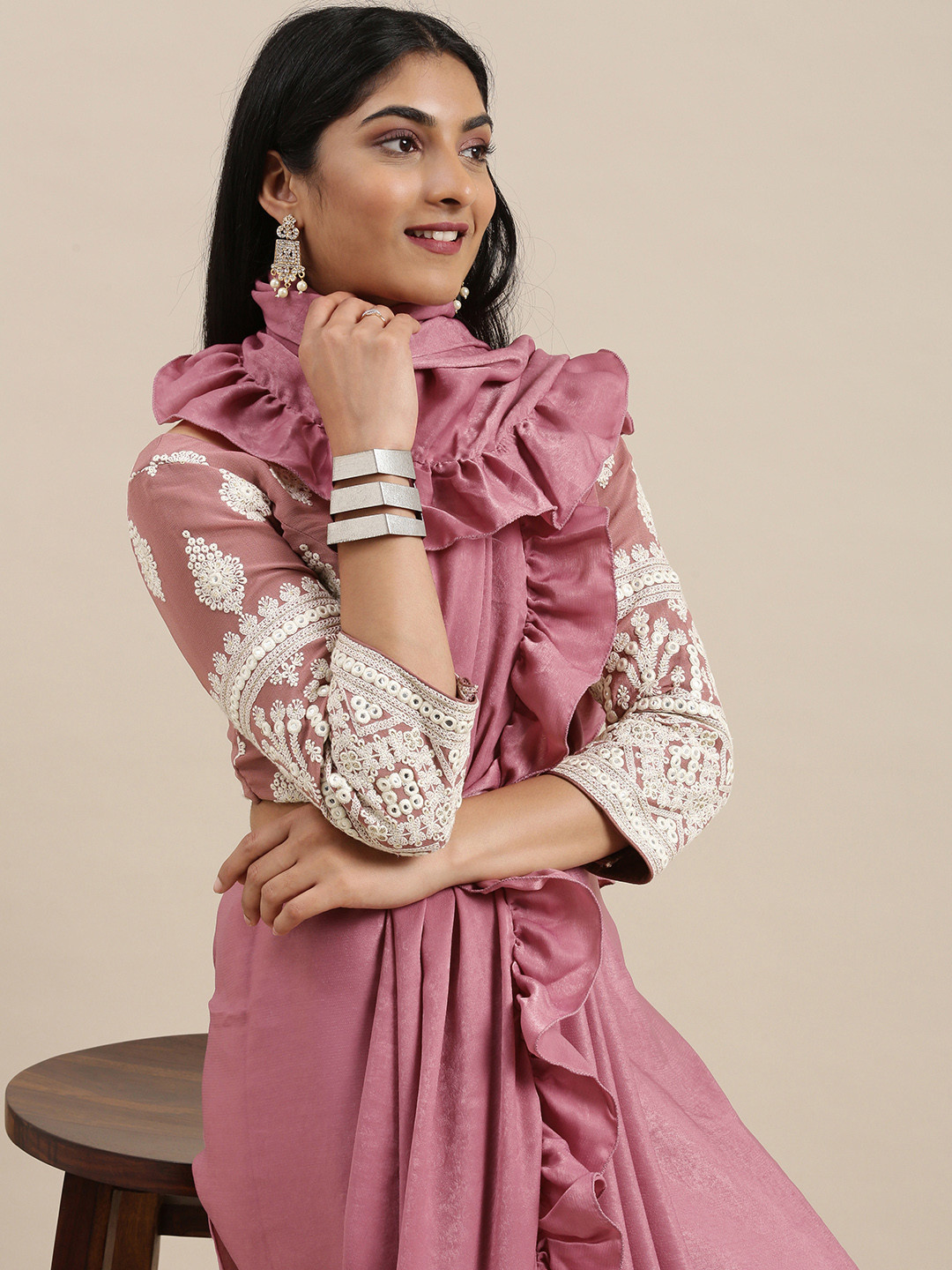 Ethnovog Pink Solid Ruffled Saree