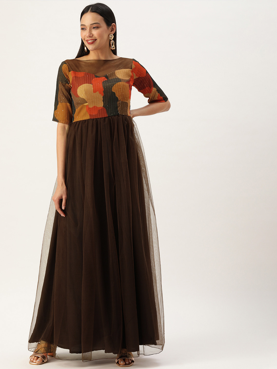 Ethnovog Brown Net Maxi Dress
