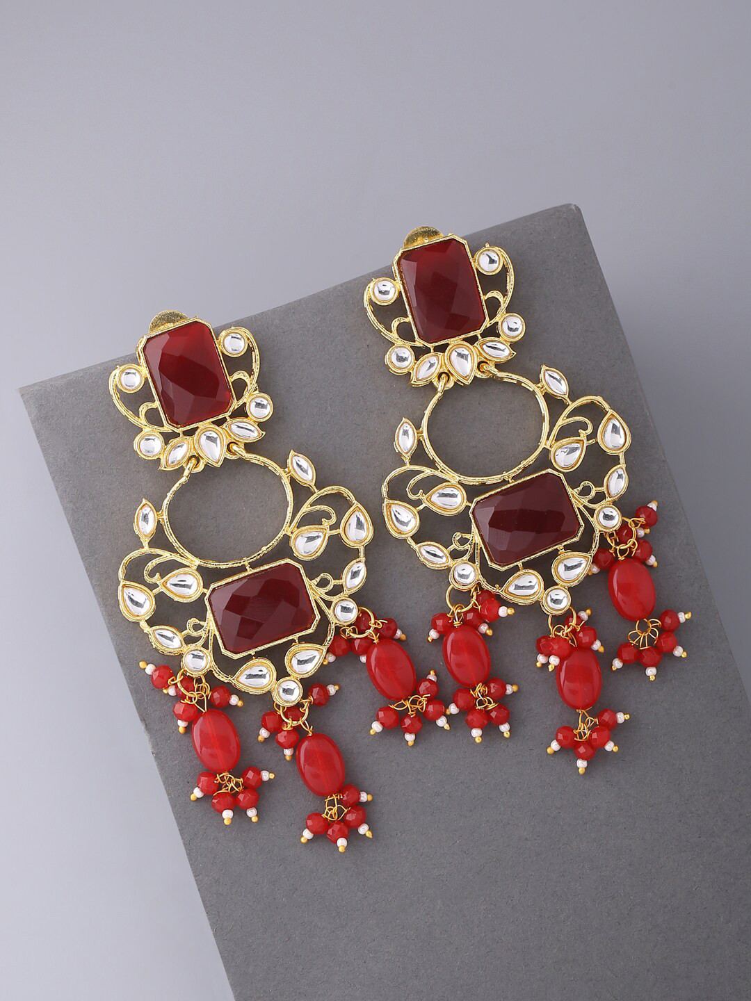 VIRAASI Maroon & Gold-Toned Kundan Studded Contemporary Drop Earrings