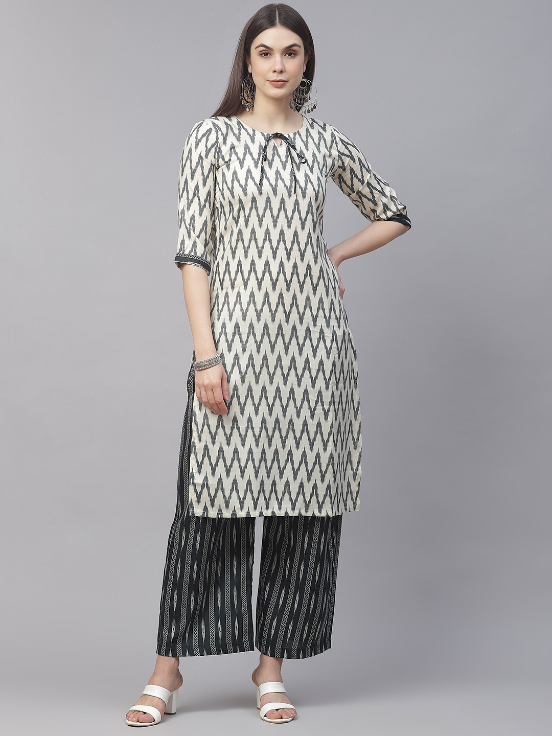 Sasimo Women White & Green Printed Kurta with Palazzos