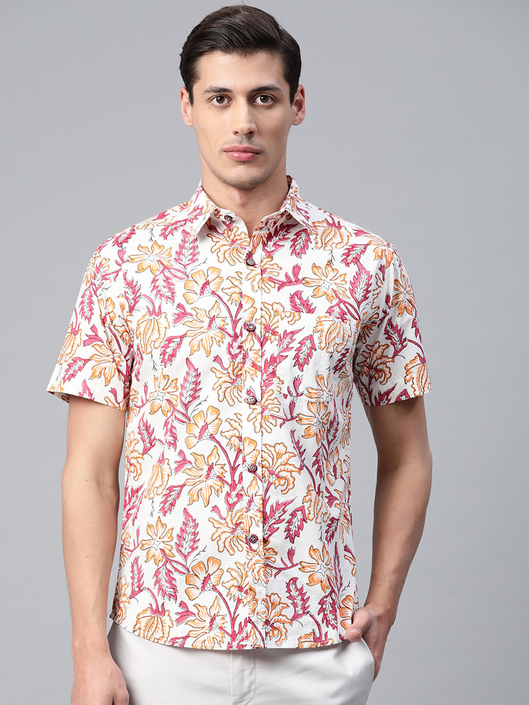 Hatheli Men White Blossom Hand Block Printed Casual Shirt