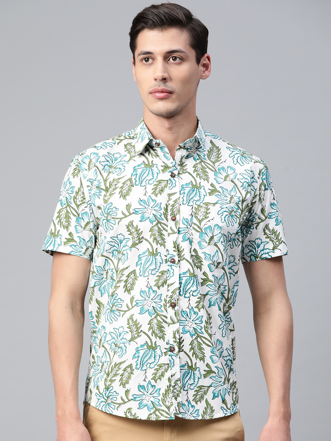Hatheli Men White Floral Hand Block Printed Casual Shirt