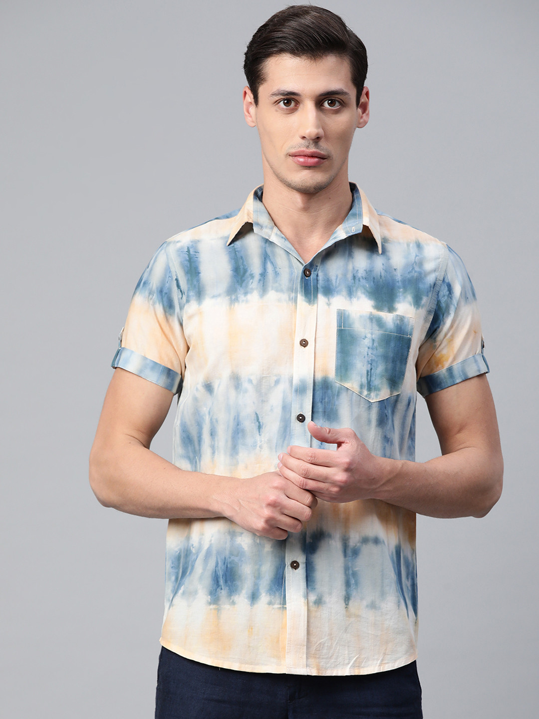 Hatheli Men Beige & Blue Ombre Hand Dyed Cotton Shirt