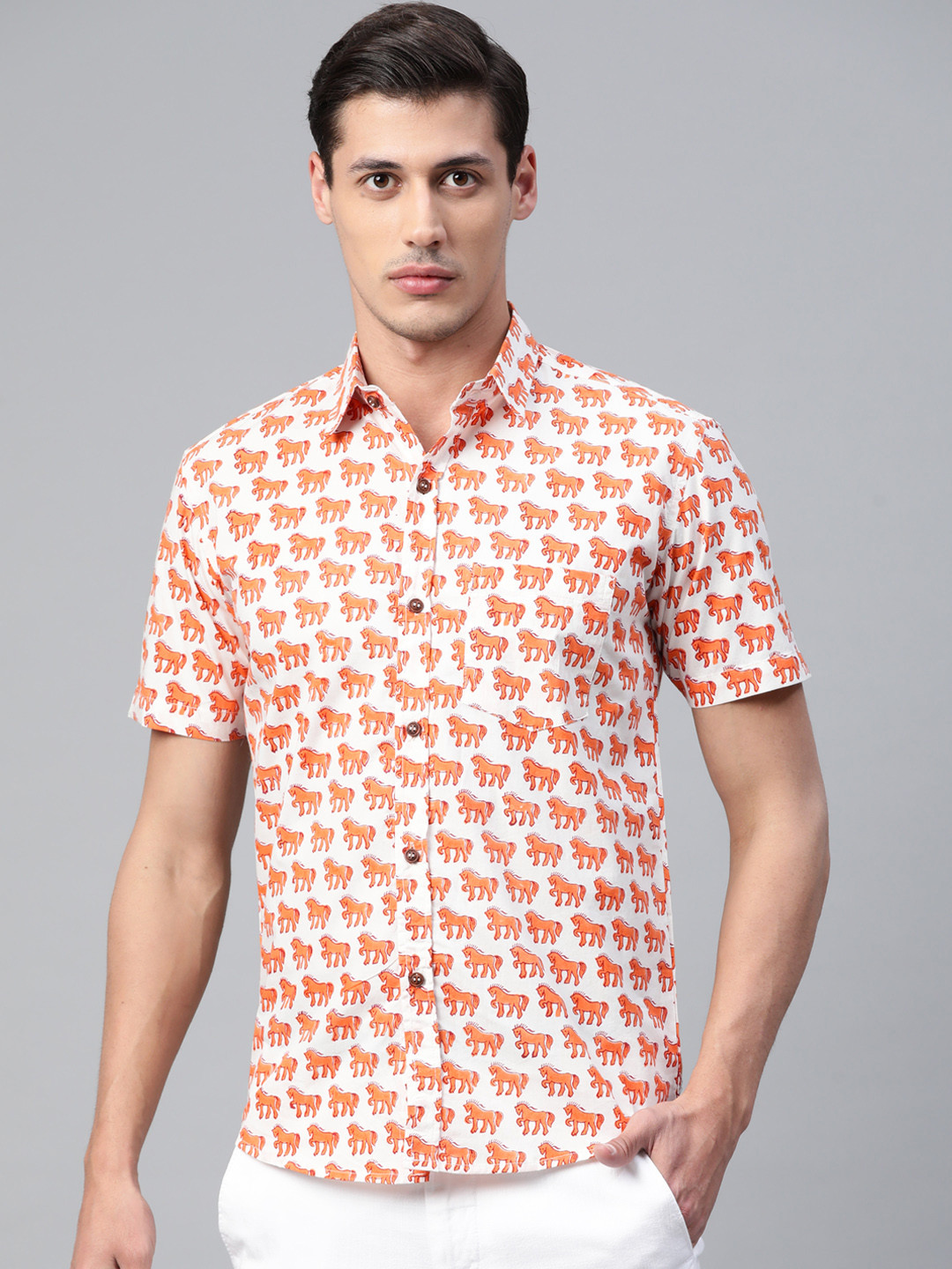 Hatheli Men White & Red Hand Block Printed Casual Shirt