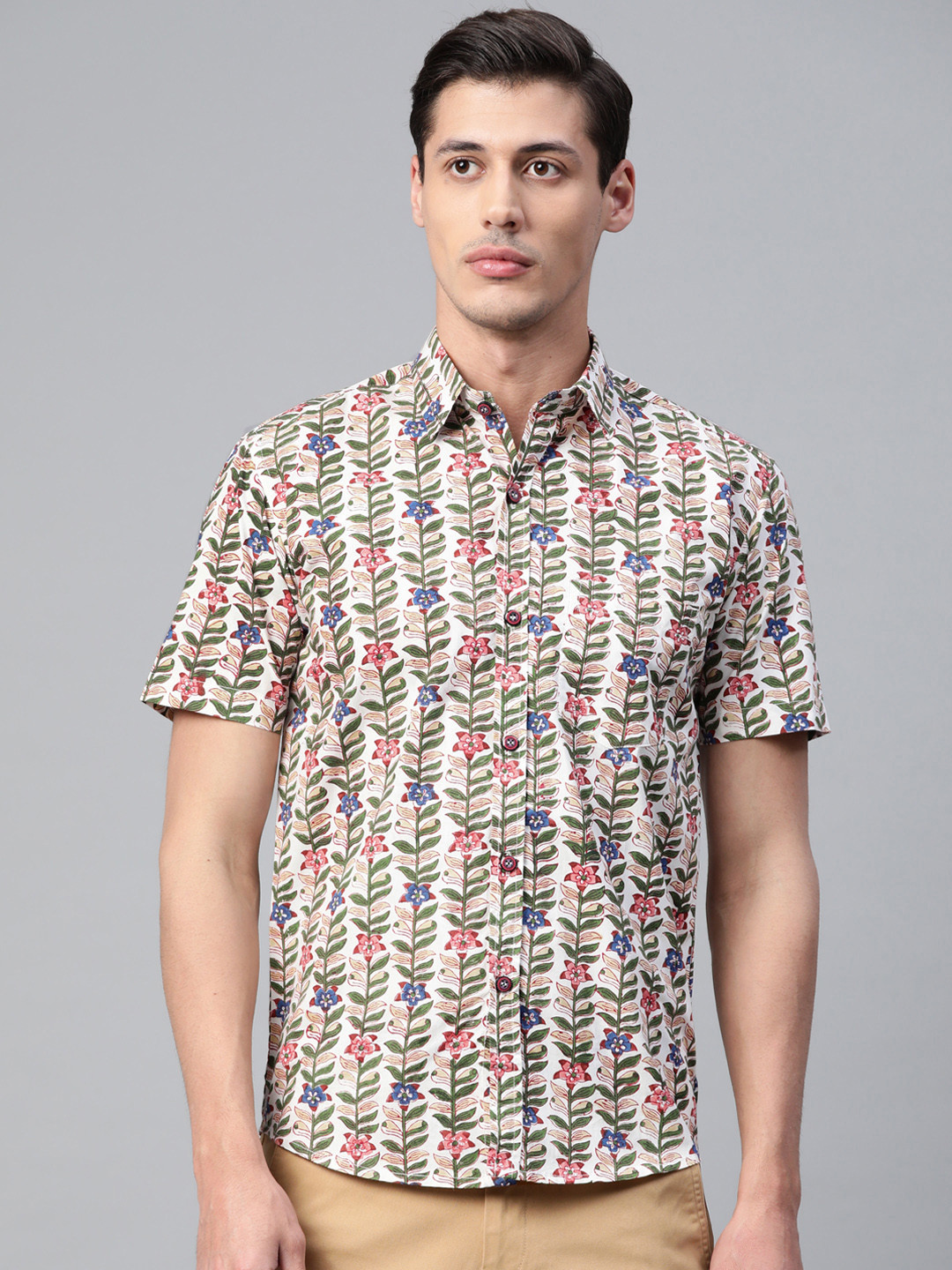 Hatheli Men White & Green Hand Block Printed Casual Shirt