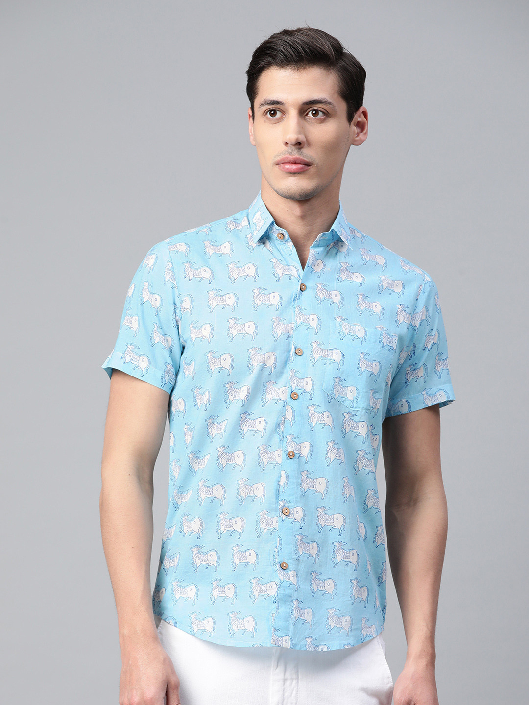 Hatheli Men Blue Hand Block Printed Casual Shirt