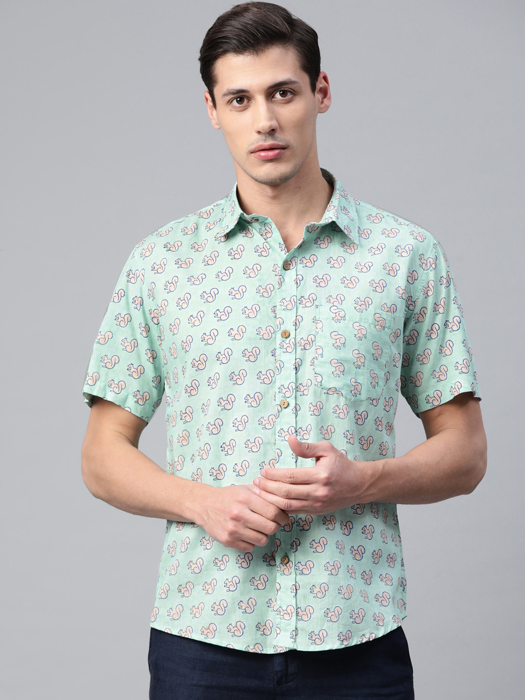 Hatheli Men Green Hand Block Printed Casual Shirt