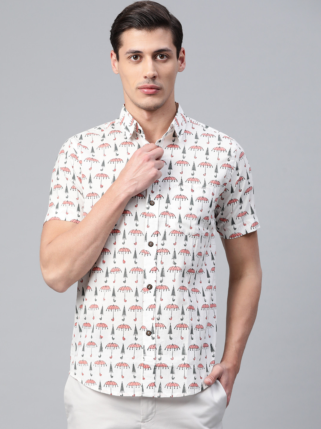 Hatheli Men White Hand Block Printed Casual Shirt