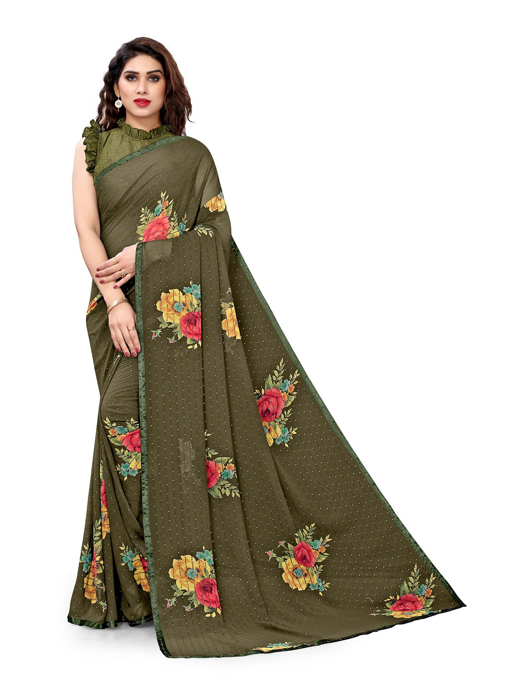 KALINI Olive Green & Yellow Floral Sequinned Bagh Saree