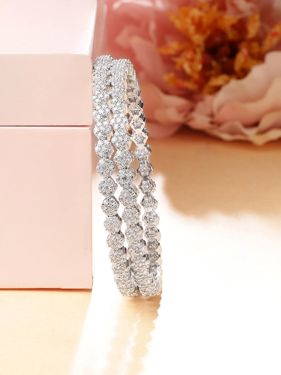 Rubans Set of 2 Rhodium Plated with Cubic Zirconia/AD Studded Traditional Solitaire Bangle