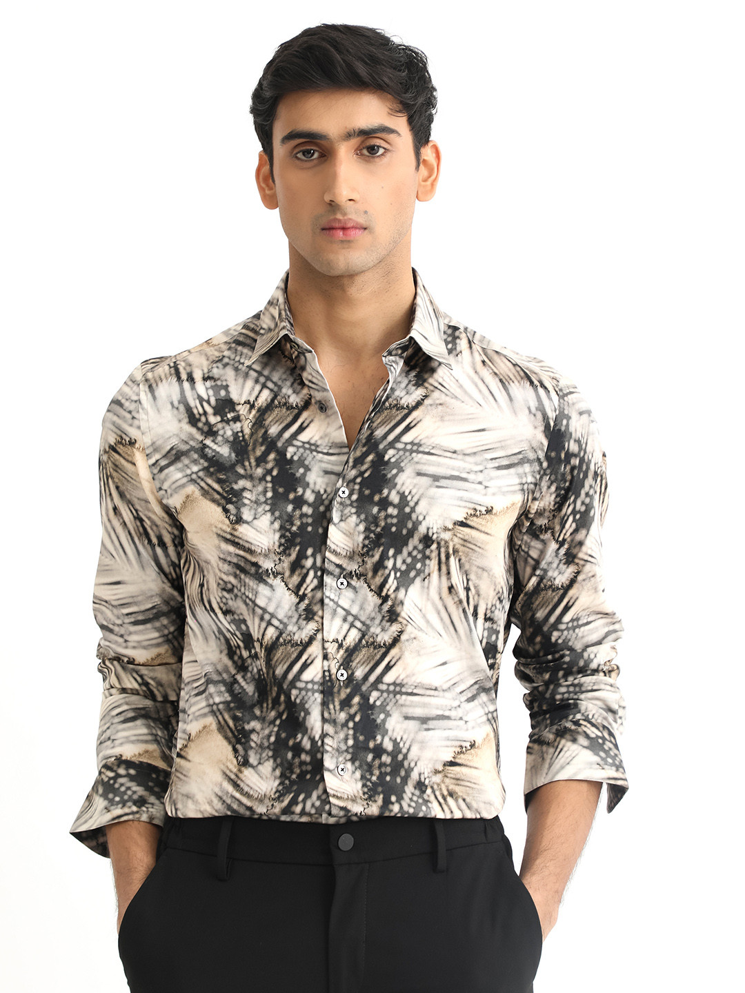 RARE RABBIT Men Haussman Off White Grey Slim Fit Printed Shirt