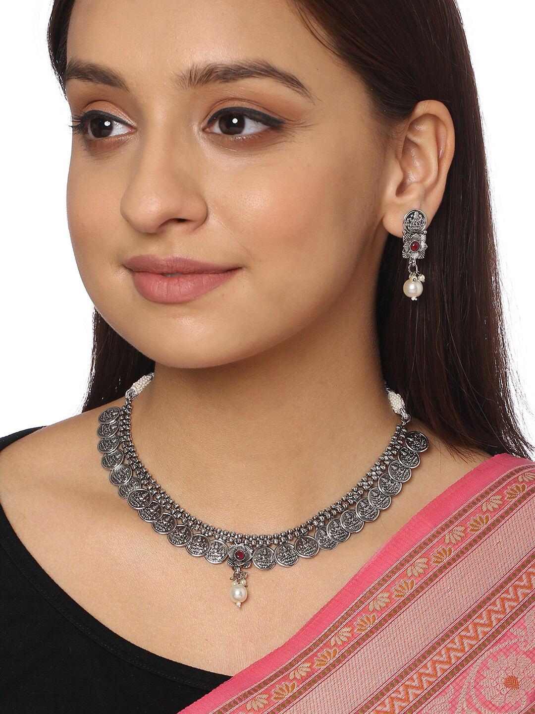 THE AAB STUDIO Silver Plated Temple Handcrafted Coin Jewellery Set