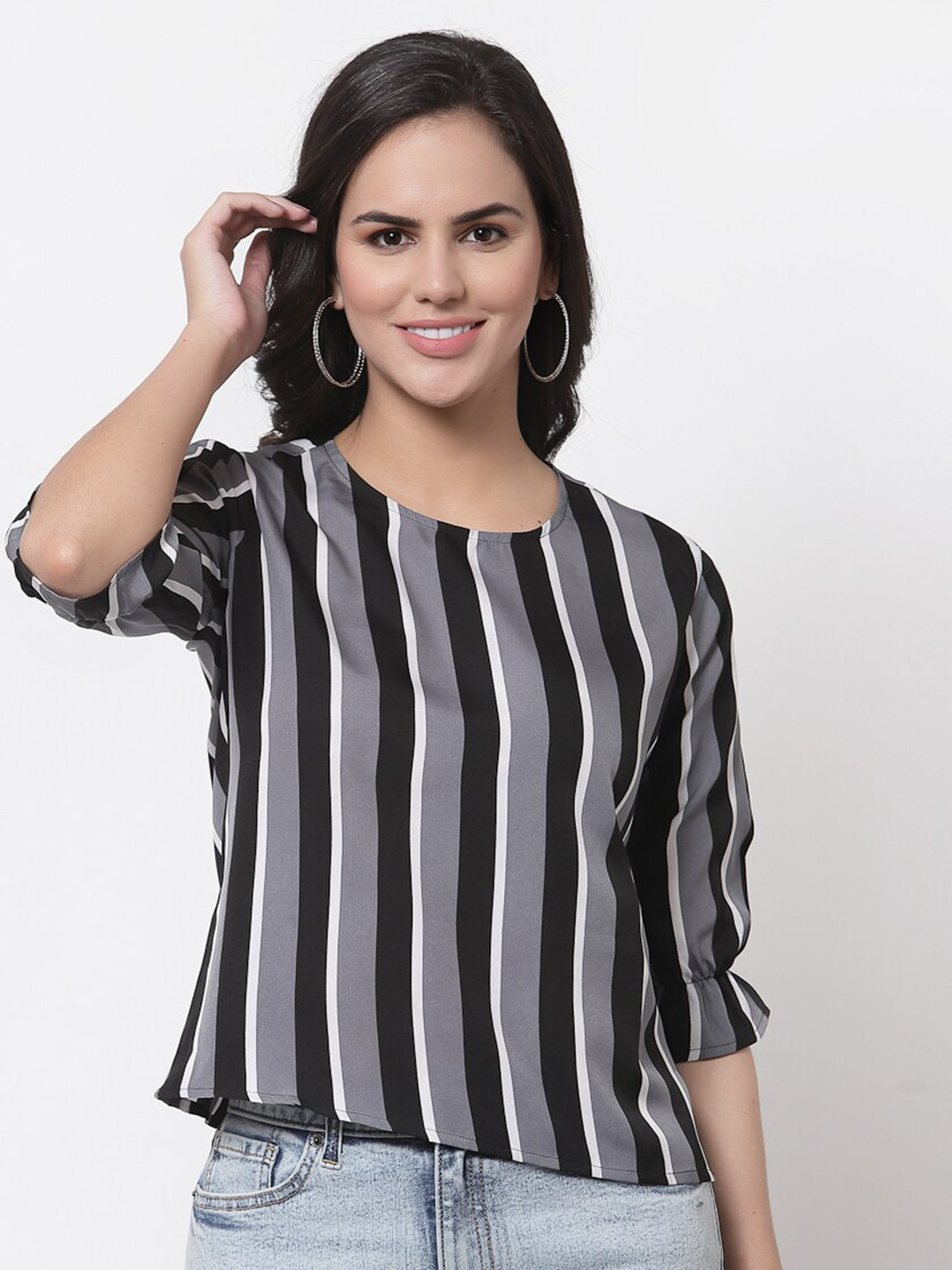Style Quotient Grey & Black Striped Crepe Top