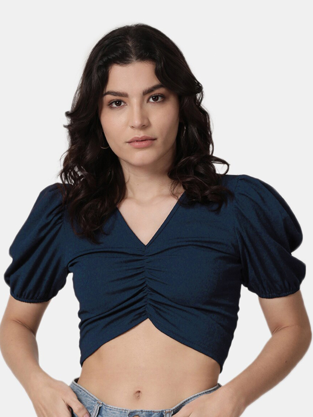 Selvia Blue Ruched Scuba Fitted Crop Top