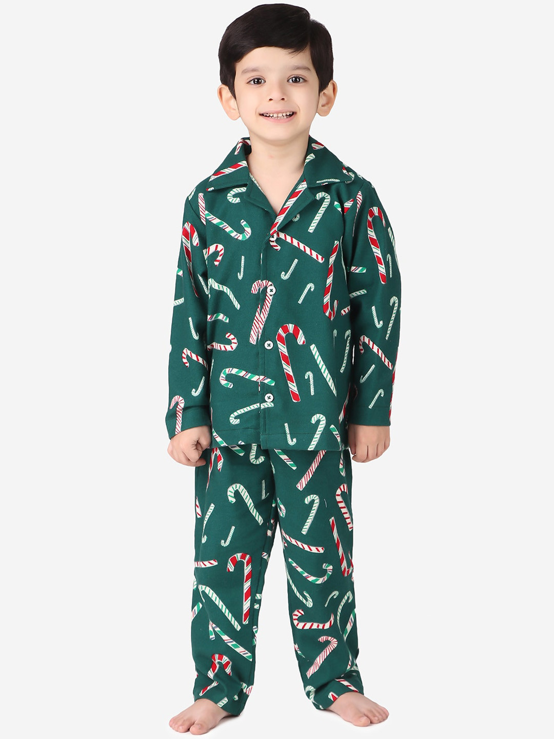 Hippodrome Kids Pure Cotton Green & White Christmas Candy Printed Night suit