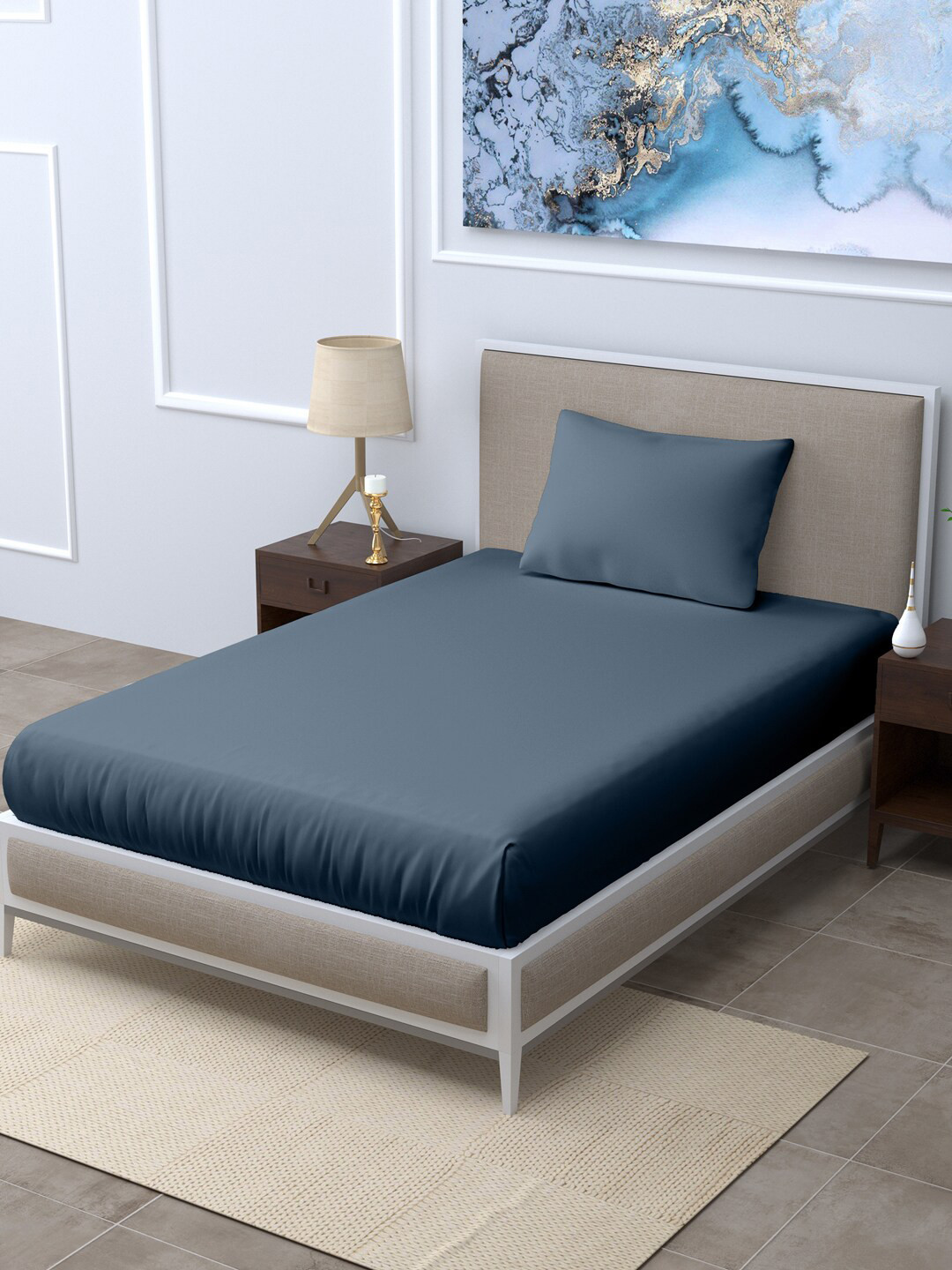 LINENWALAS Happy Sleeping Navy Blue Cotton Breathable 300 TC Single Fine Bedsheet with a Pillow Cover-60 x 90 inches