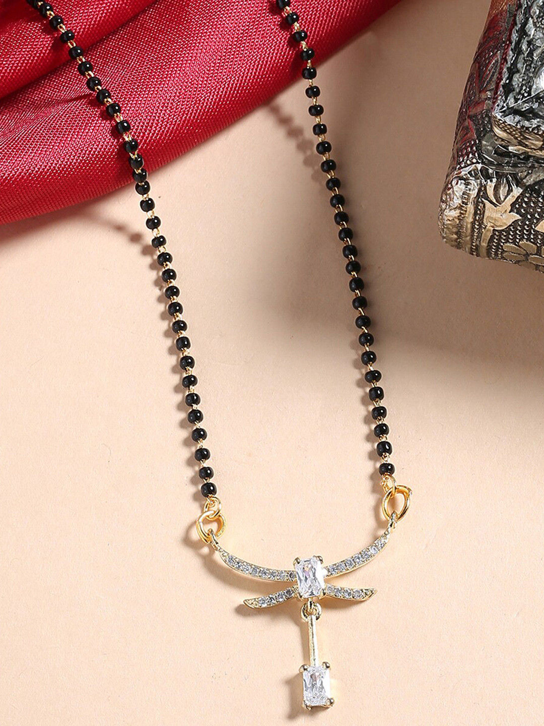 Shoshaa Gold-Plated & Black Studded & Beaded Mangalsutra