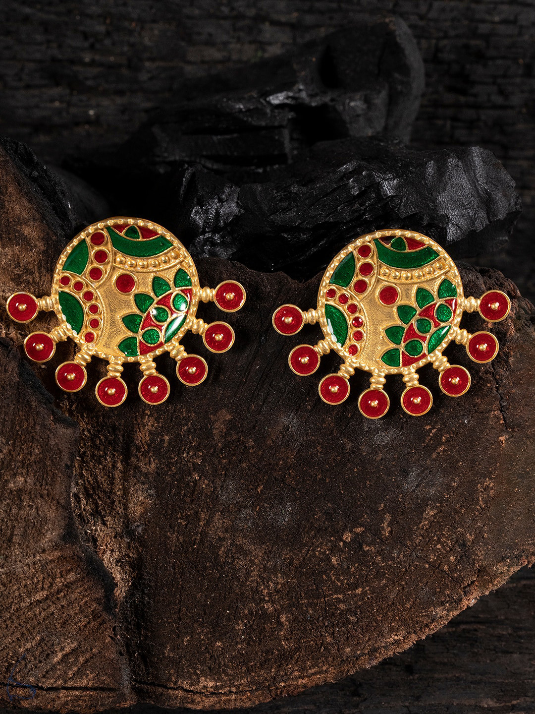 Shoshaa Green & Red Contemporary Enameled Studs Earrings