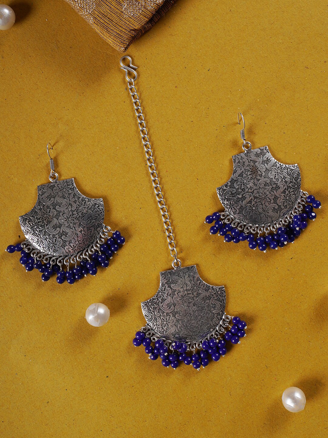 Shoshaa Oxidised Silver-Plated Blue Beaded Maang Tikka & Earrings Jewellery Set