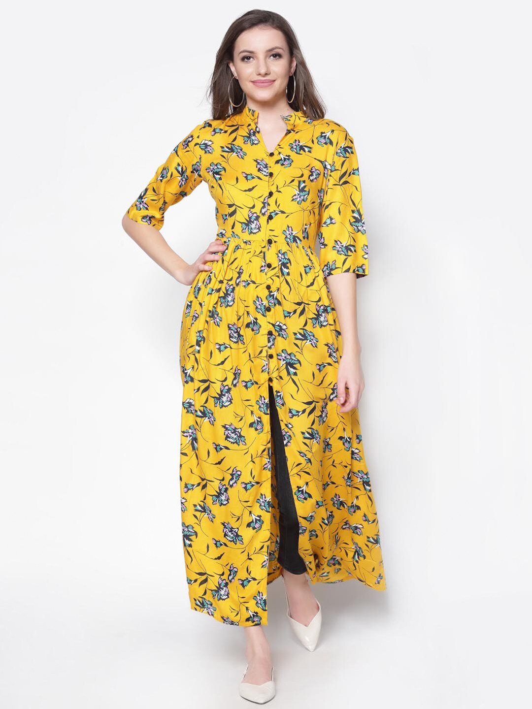 Sera Yellow Floral Print Mandarin Collar Roll-Up Sleeves Maxi Longline Top
