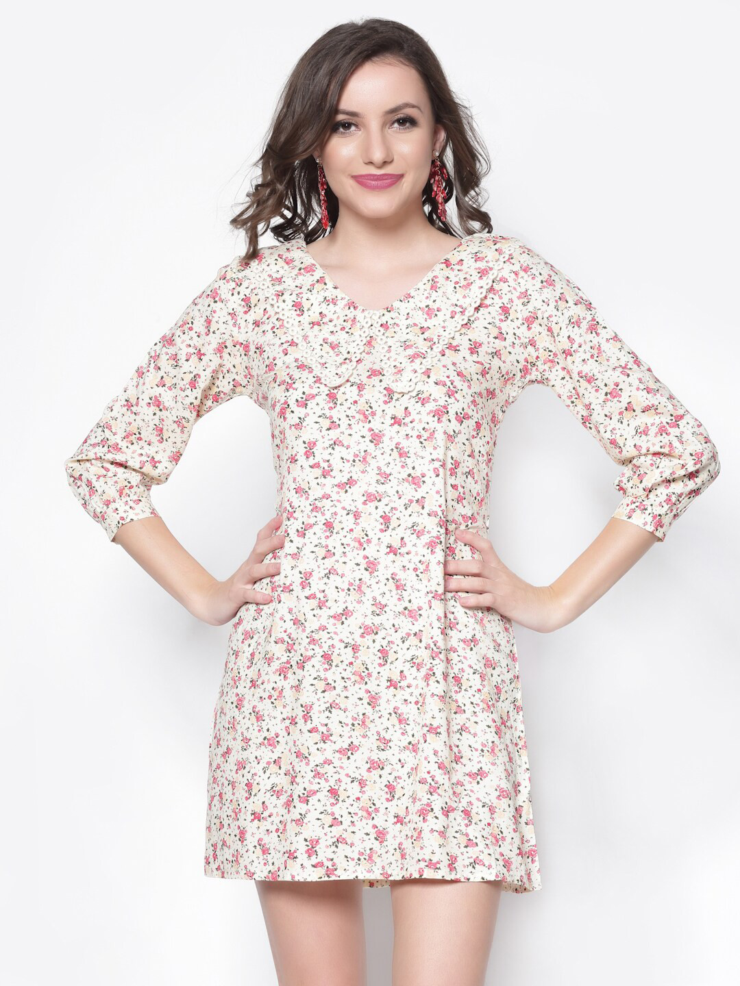 Sera Women Off White & Pink Floral Peter Pan Collar A-Line Dress