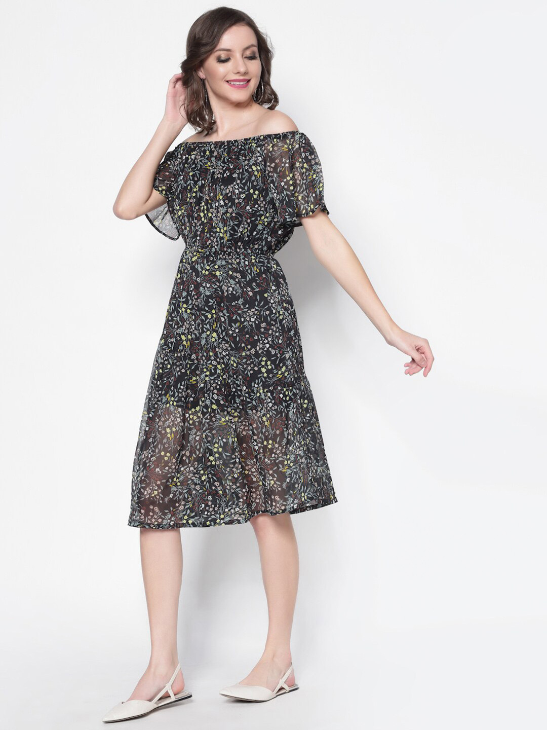 Sera Black Floral Off-Shoulder Midi Dress