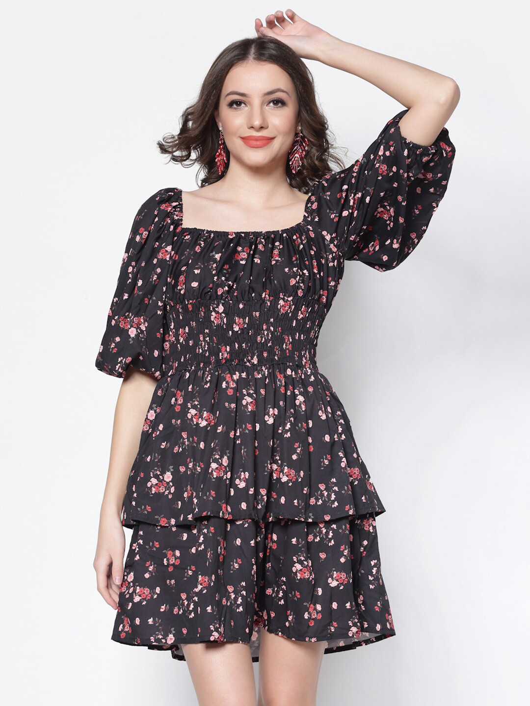 Sera Black Floral Crepe Knee Length Dress