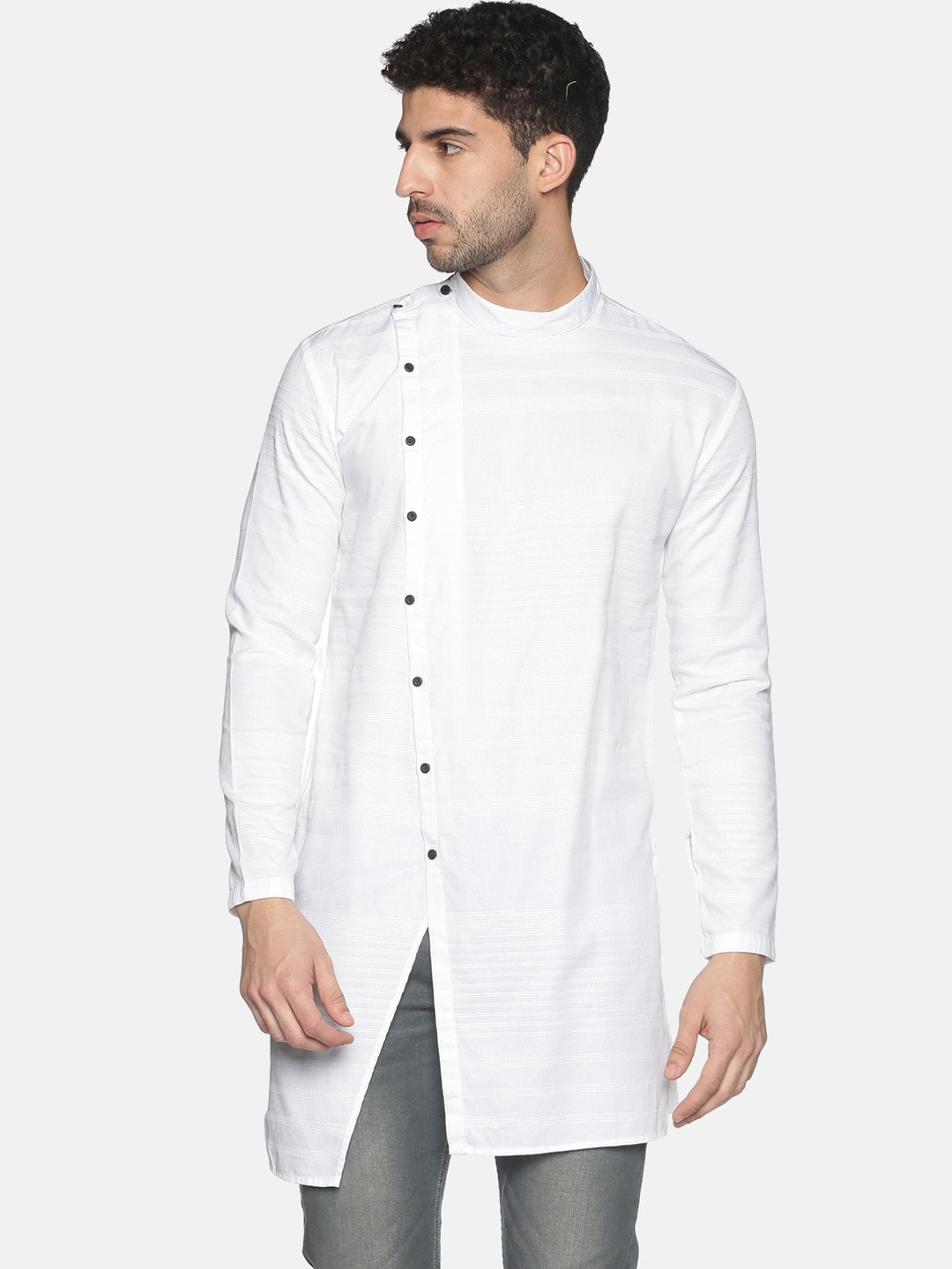 SHOWOFF Men White Mandarin Collar Kurta