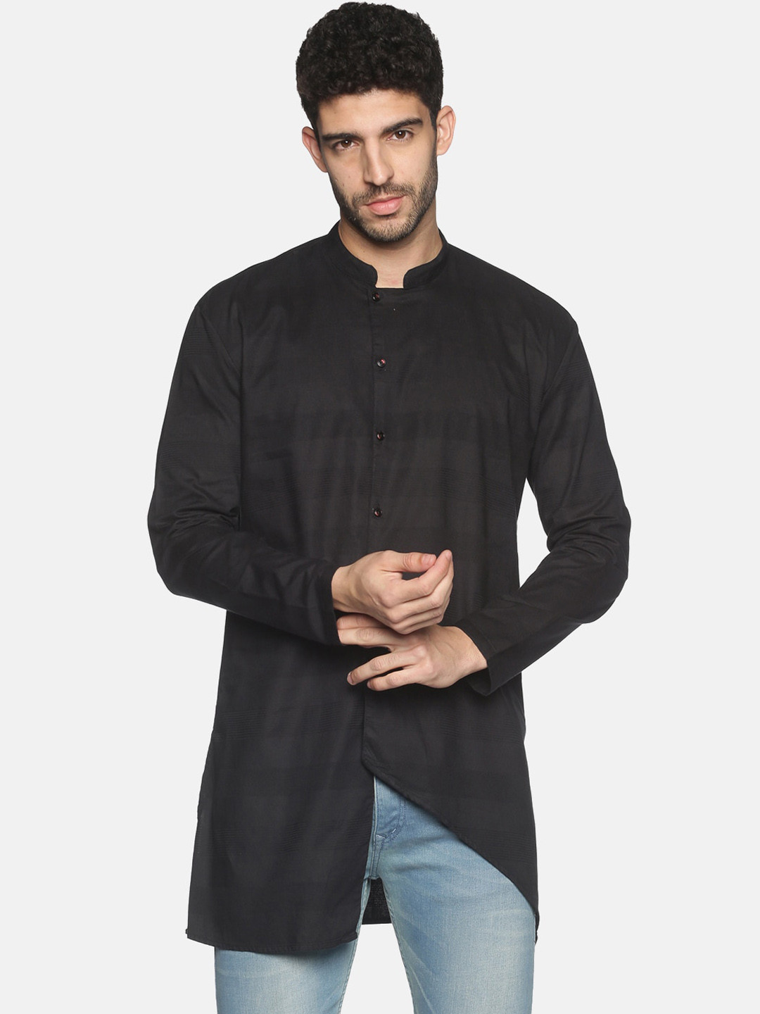 SHOWOFF Men Black Mandarin Collar Kurta