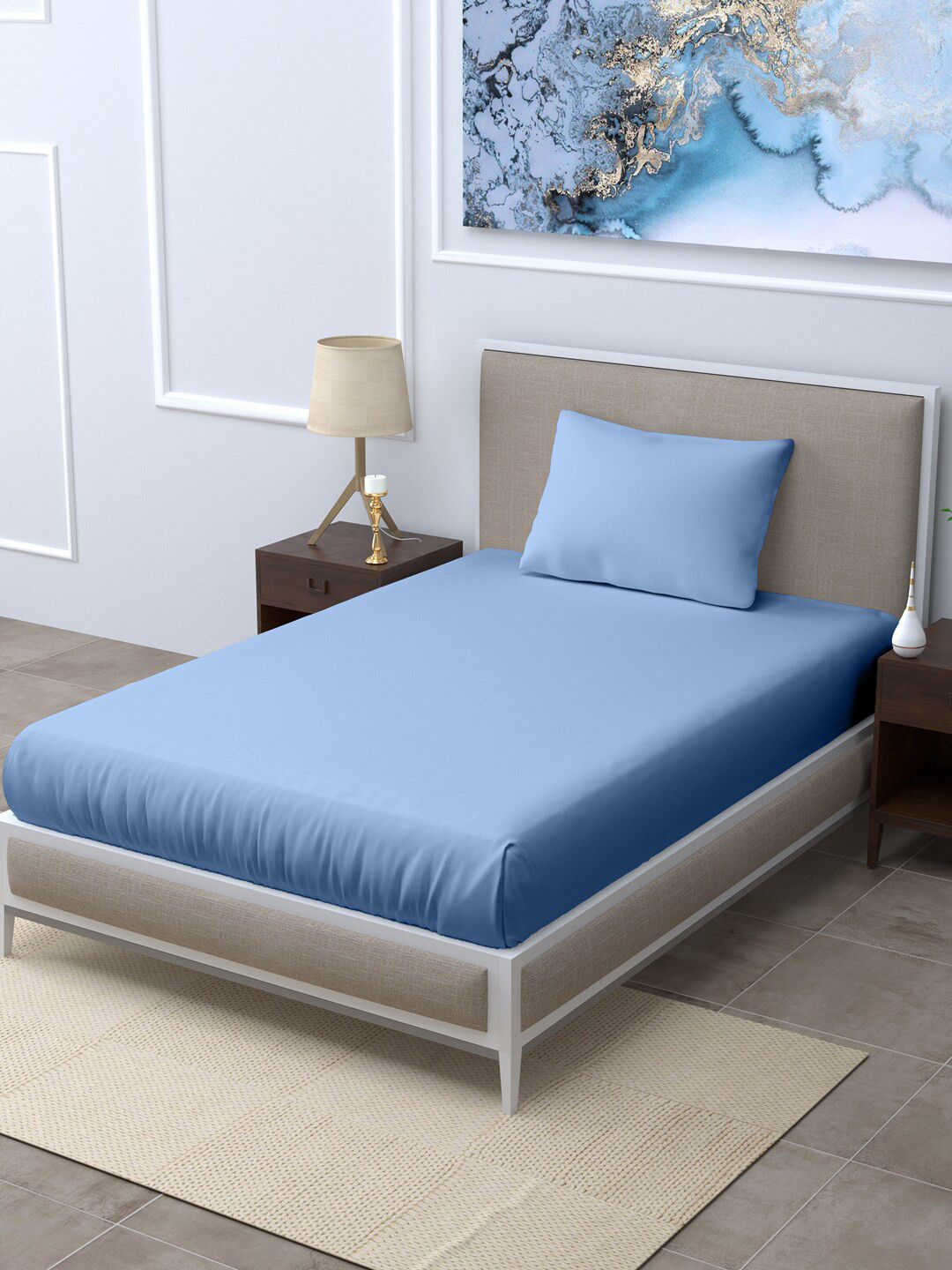 LINENWALAS Happy Sleeping Blue Cotton 300 TC Single Fine Bedsheet with a Pillow Cover-60 x 90 inches