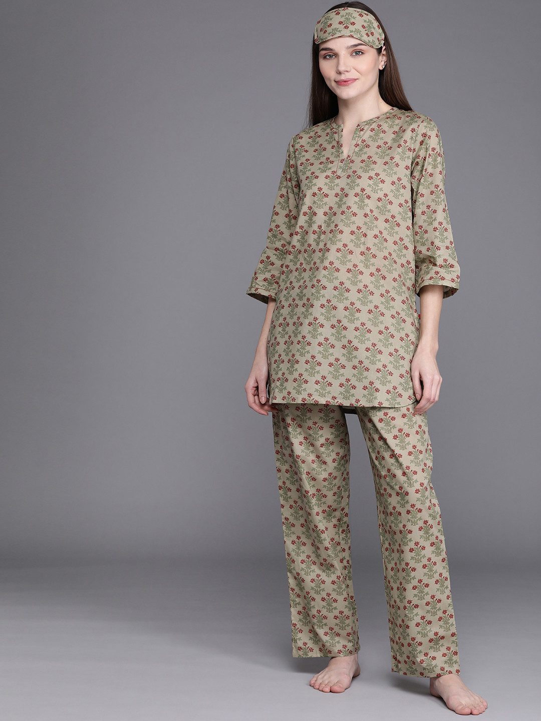 Biba Women Green Printed Night suit with Eye Mask SURREAL 046GREEN