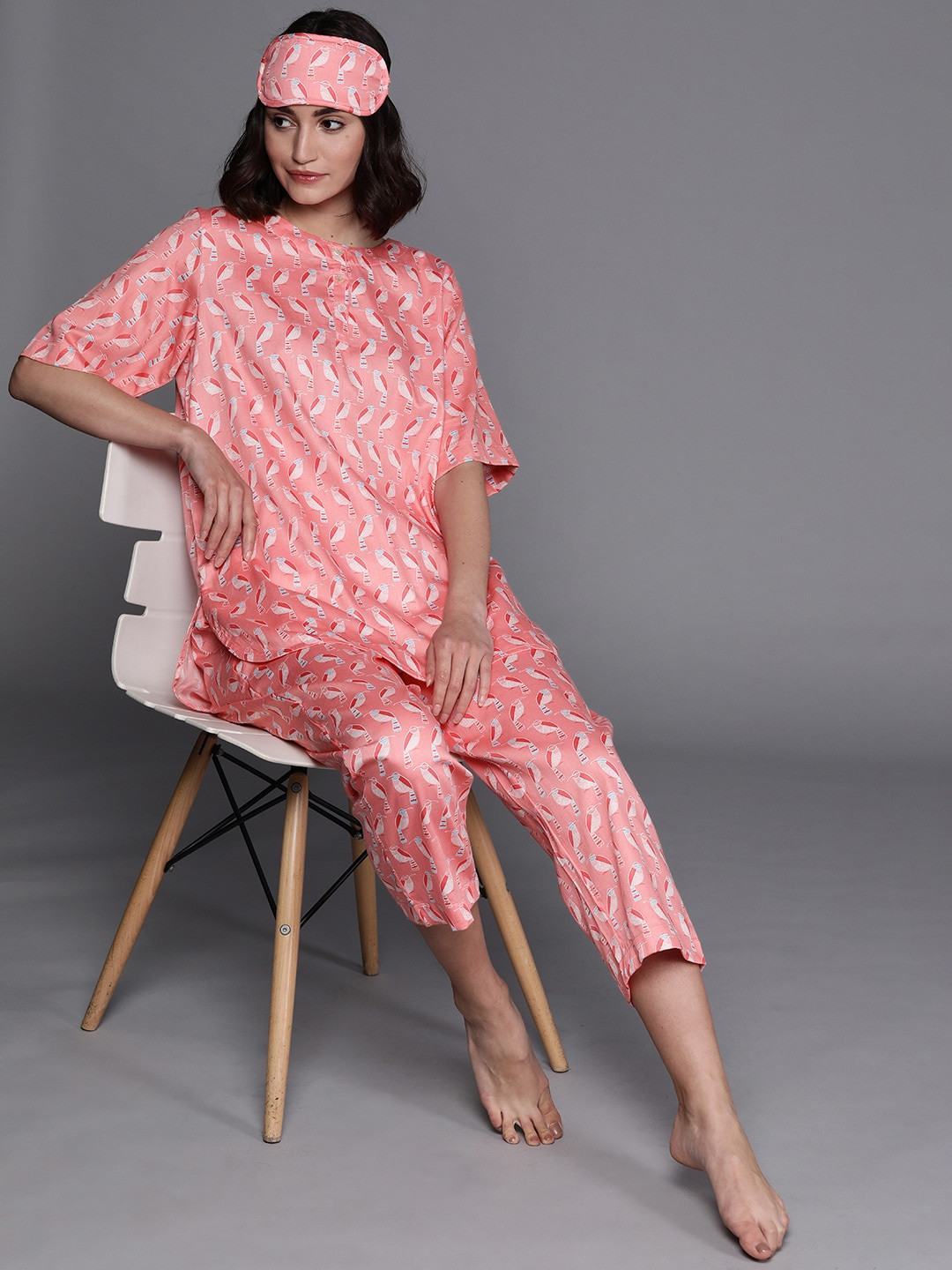 Biba Women Pink Printed Pyjamas Set with Eye Mask