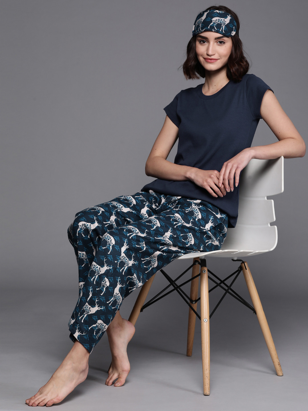 Biba Women Navy Blue & White Printed Pyjamas Set with Eye Mask