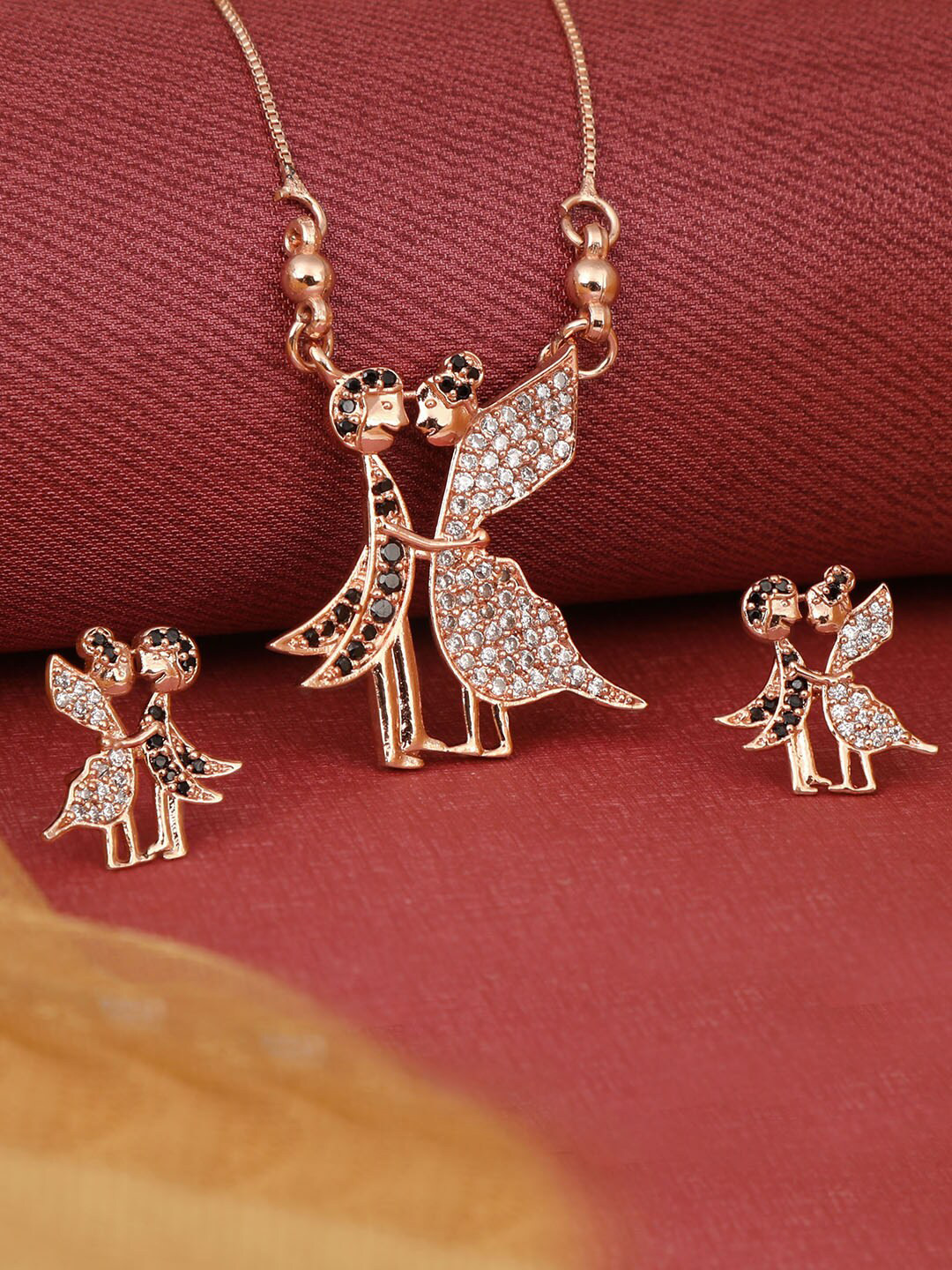ZINU Gold-Toned Cupid Shaped CZ Studded Pendant With Earrings