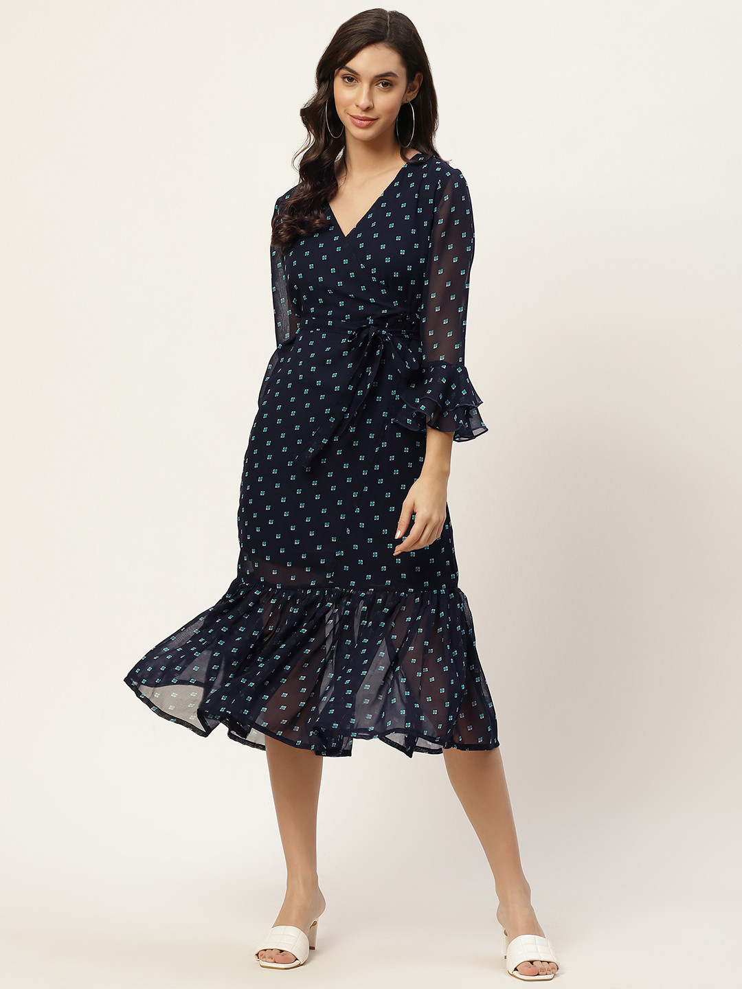 WISSTLER Women Navy Blue Georgette Midi Wrap Dress