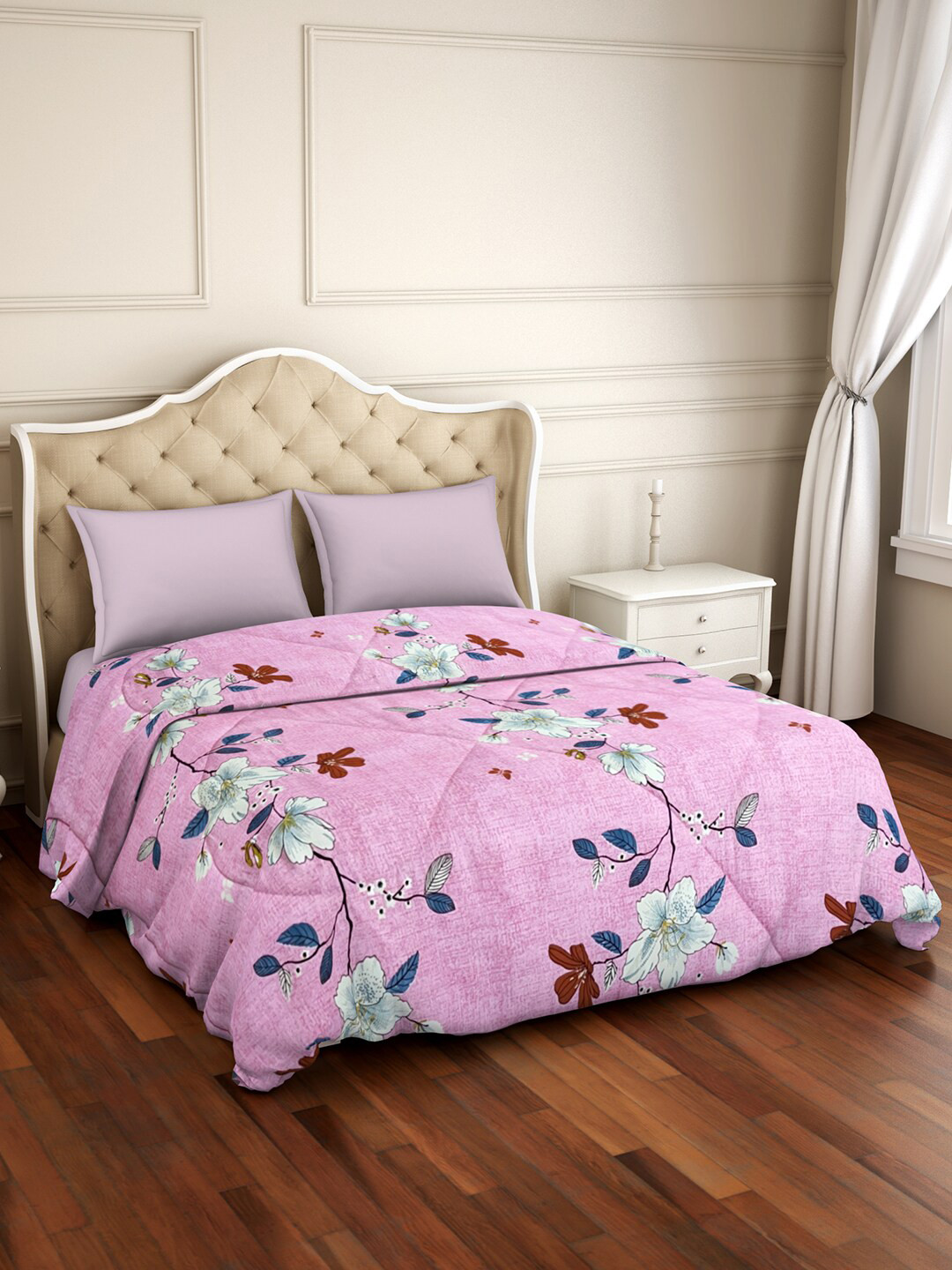 Welspun Pink & White Floral Microfiber AC Room 120 GSM Double Bed Quilt