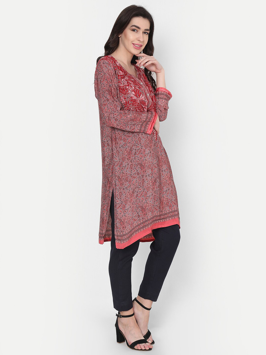 HOUSE OF KARI Maroon & Pink Printed Embroidered Tunic