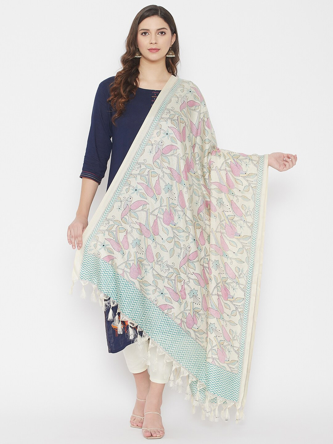 Clora Creation Off White & Pink Printed Dupatta