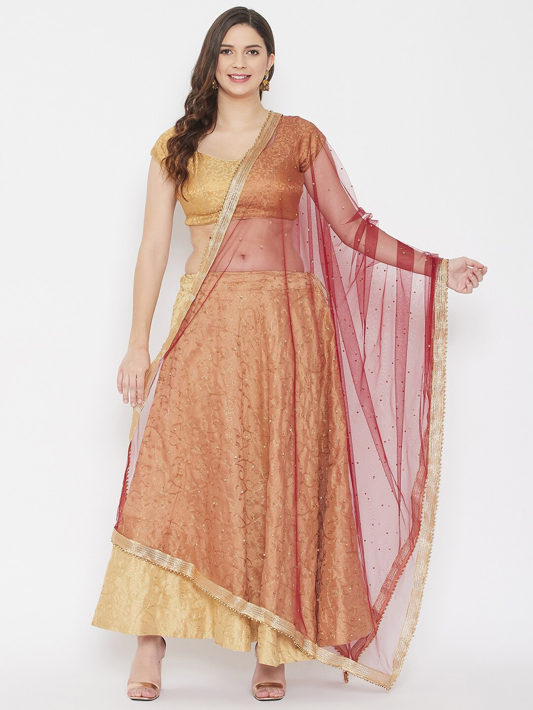 Clora Creation Maroon & Gold-Toned Ethnic Motifs Embroidered Dupatta with Beads and Stones