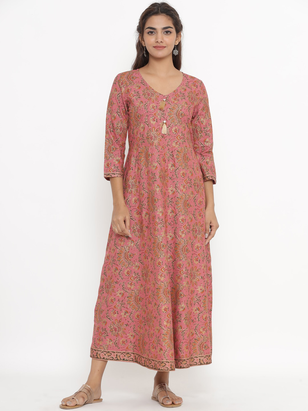 Fabriko Women Brown Floral Printed Gold Print Anarkali Kurta