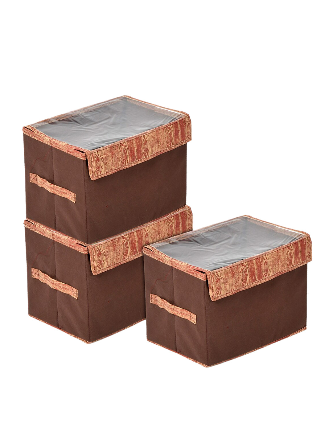 Kuber Industries Set Of 3 Brown Printed Storage Boxes With Lid