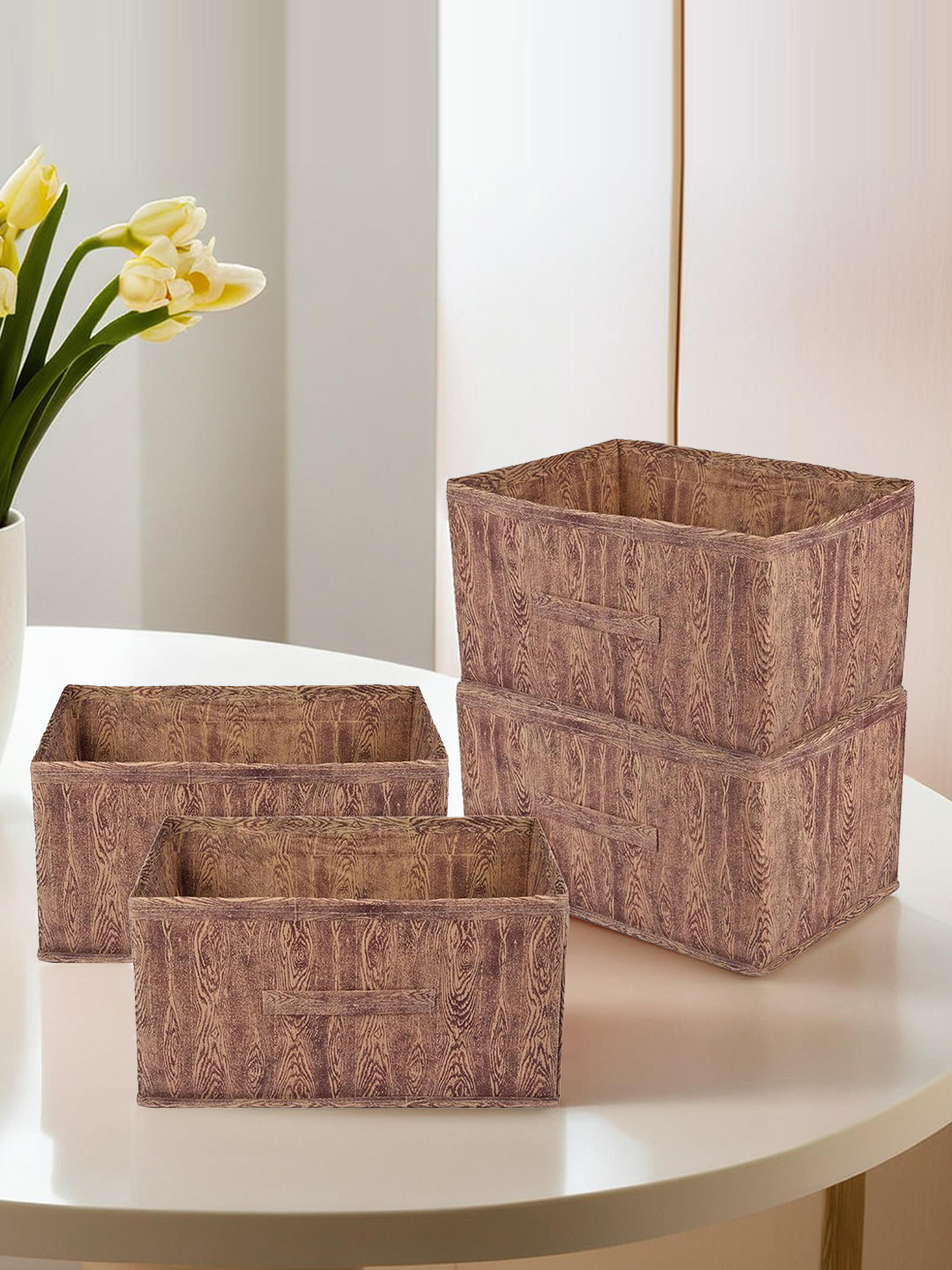 Kuber Industries Set Of 4 Brown & Maroon Printed Foldable Storage Boxes