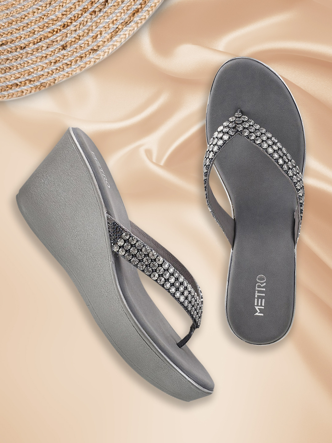 Metro Gunmetal-Toned Embellished Ethnic Wedge Heels