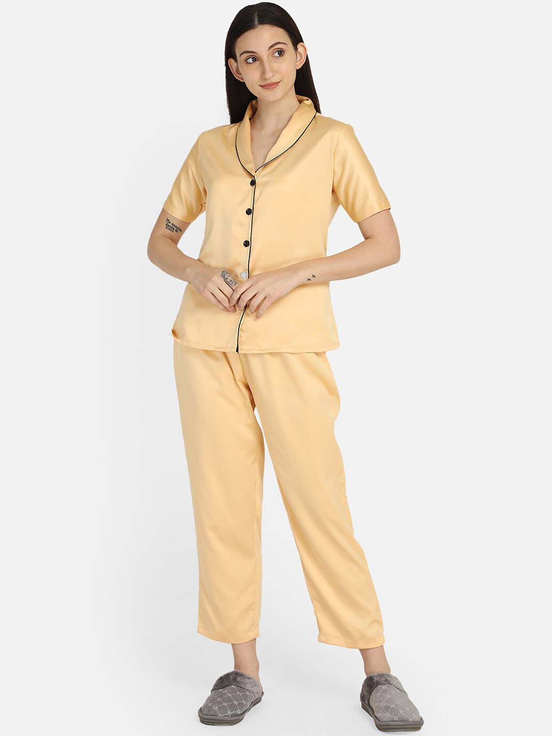 Smarty Pants Women Gold Solid Satin Night Suits