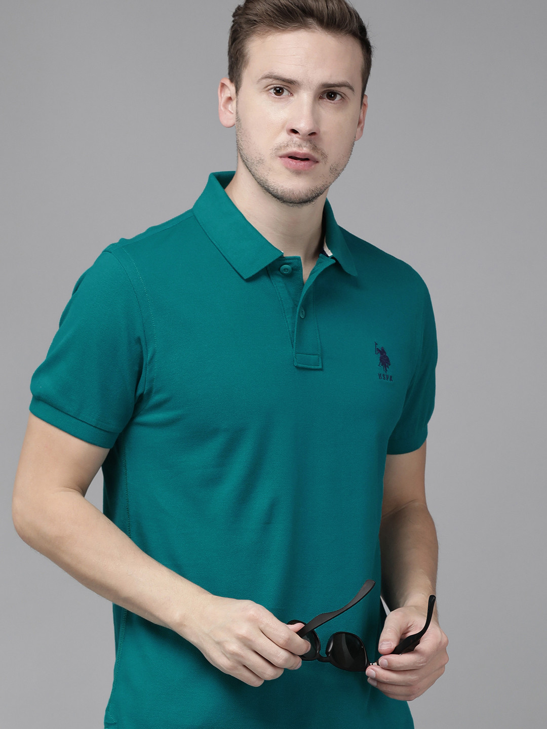 U S Polo Assn Men Teal Brand Logo Printed Polo Collar Pure Cotton Slim Fit T-shirt