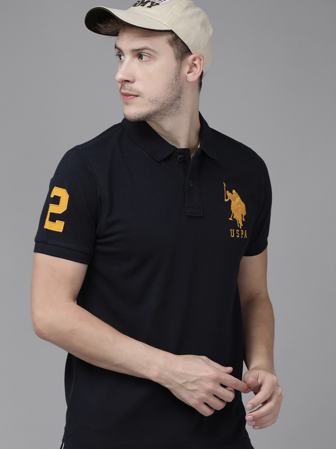 U S Polo Assn Men Navy Blue Brand Logo Printed Polo Collar Pure Cotton Slim Fit T-shirt