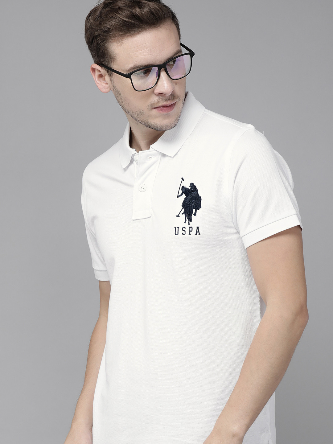 U S Polo Assn Men White & Black Brand Logo Printed Polo Collar Slim Fit T-shirt