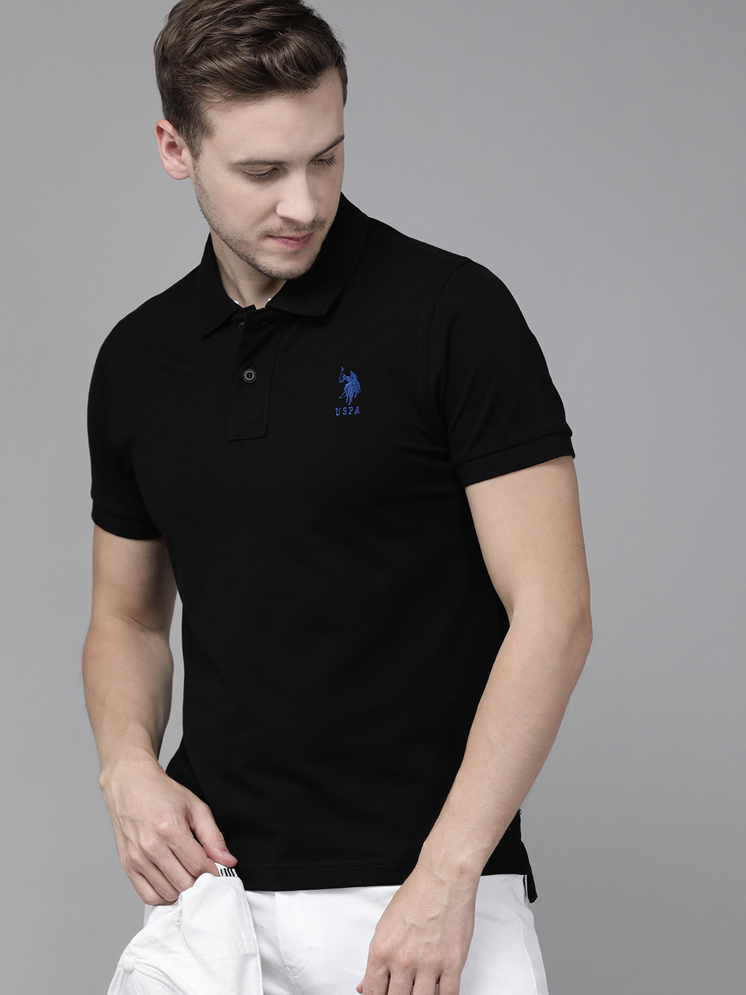 U S Polo Assn Men Black Brand Logo Printed Polo Collar Pure Cotton Slim Fit T-shirt