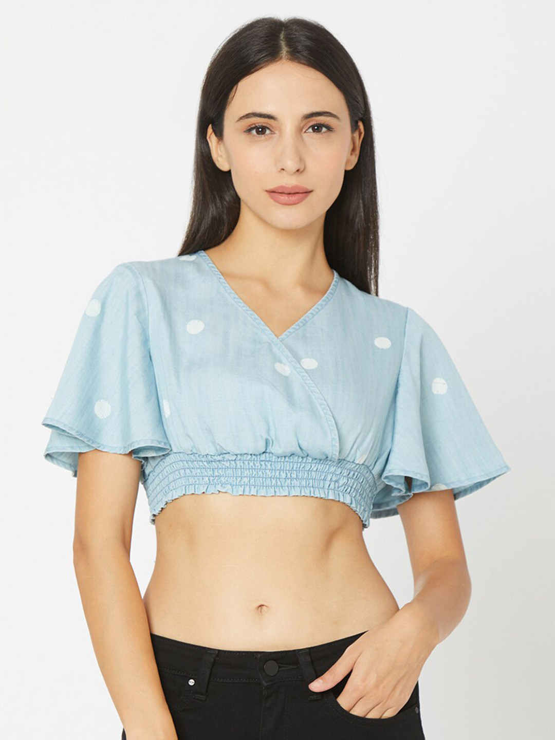 SPYKAR Blue & White Print Linen Wrap Crop Top