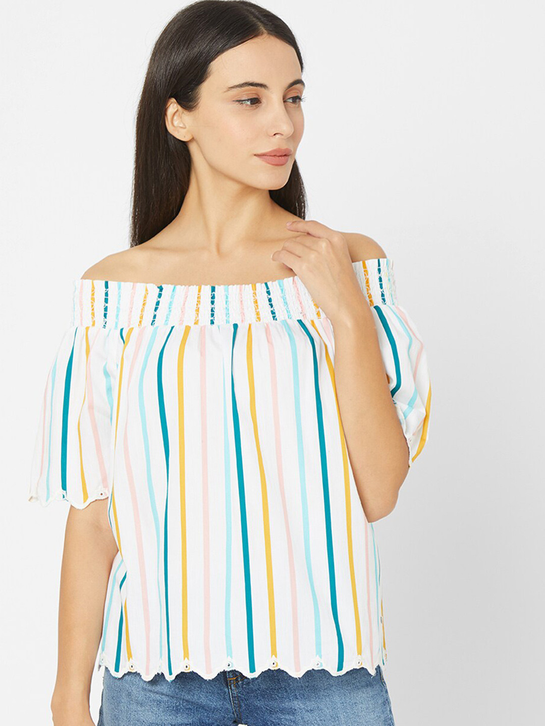 SPYKAR White Striped Off-Shoulder Bardot Top